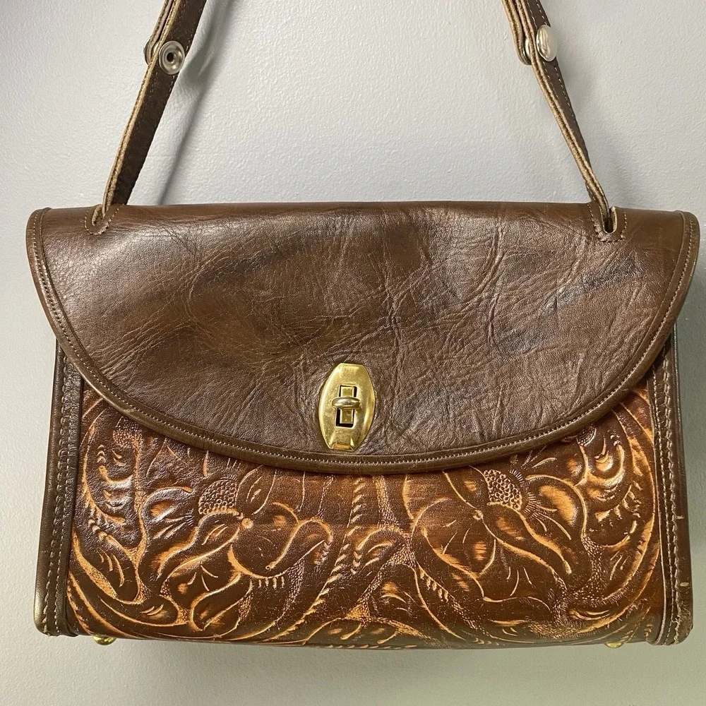 Vintage Real Leather Women's brown‎ Purse Boho Hand Tooled Shoulder bag 7x10x3